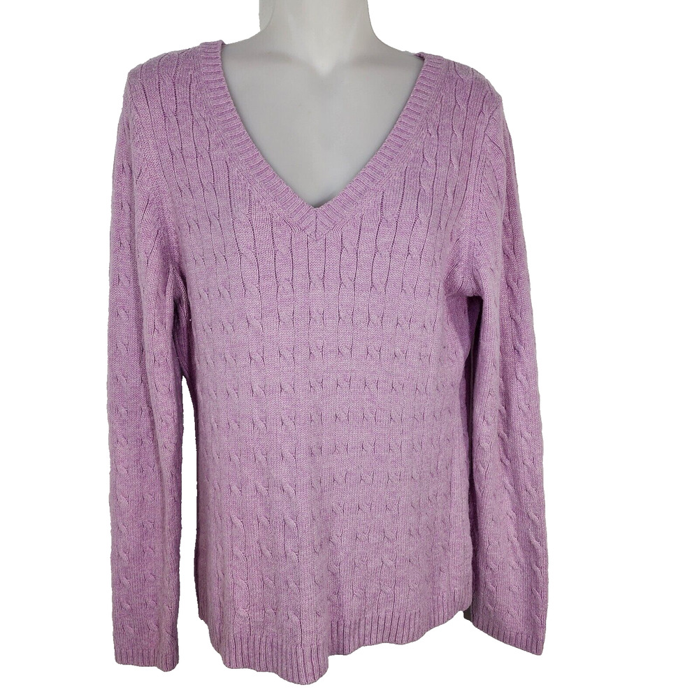 Ann Taylor LOFT Womens Sweater Large Cable Knit V Neck Ribbed Trim Rabbit Hair